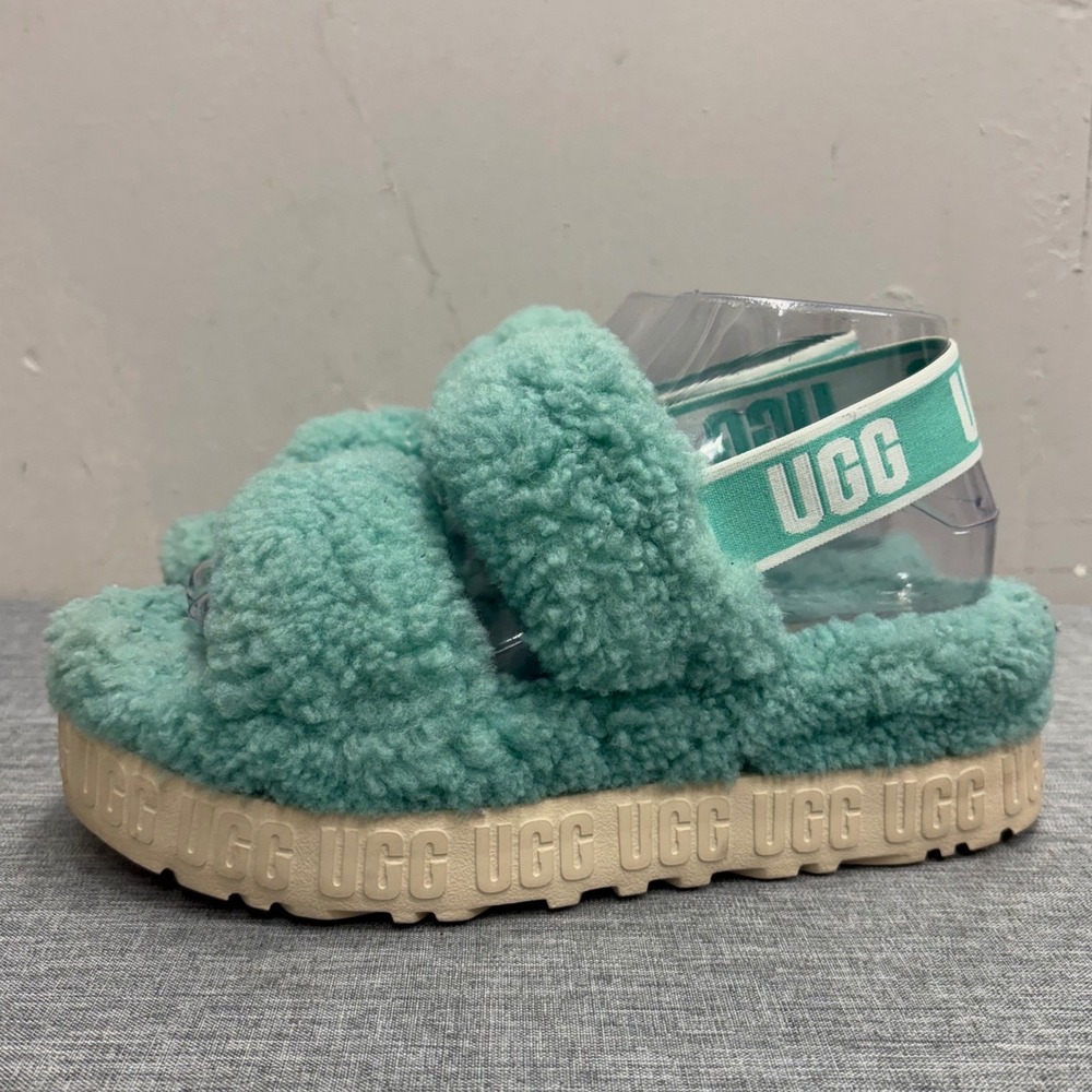 UGG Fluffita Slides Women 7 Aqua Blue Sheepskin Platform Slingback Sandals V92